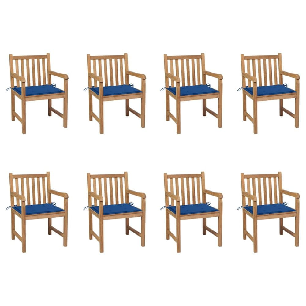 Vidaxl Záhradné stoličky 8 ks s kráľovsky modrými podložkami tíkový masív